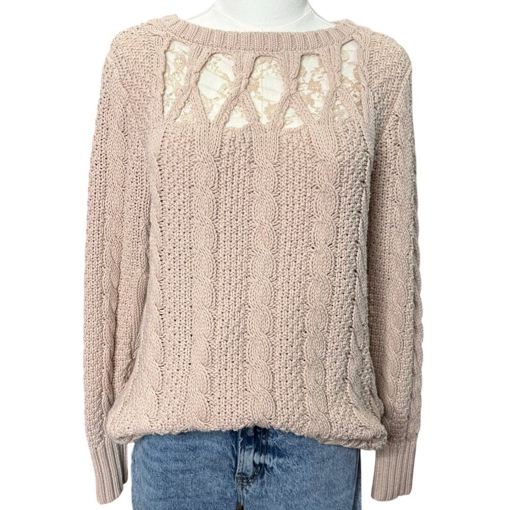 Lauren Conrad Cable Knit Sweater Floral Lace Inset Lattice Neckline Pullover - Picture 2 of 9